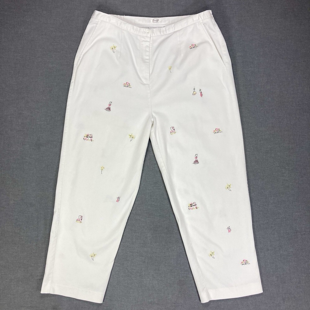 Draper's & Damon's Novelty Embroidered Straight Leg Pants Women 16 White Stretch
